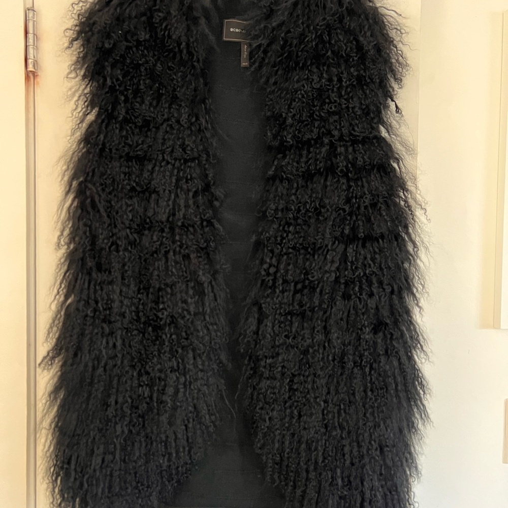 BCBGMaxAzria Black Lamb Fur Long Vest